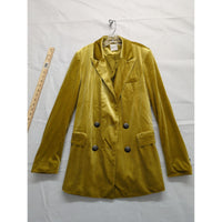 Silvian Heach Mustard Yellow Velvet Double-Breasted Blazer Longline Button Cuffs Womens Size S.