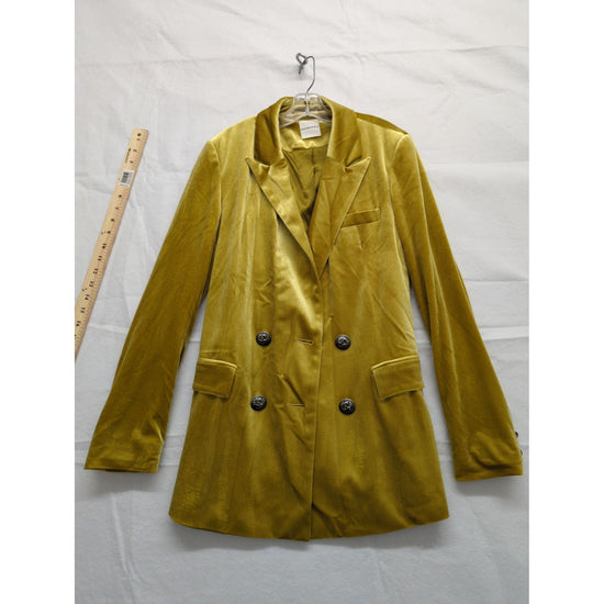 Silvian Heach Mustard Yellow Velvet Double-Breasted Blazer Longline Button Cuffs Womens Size S.