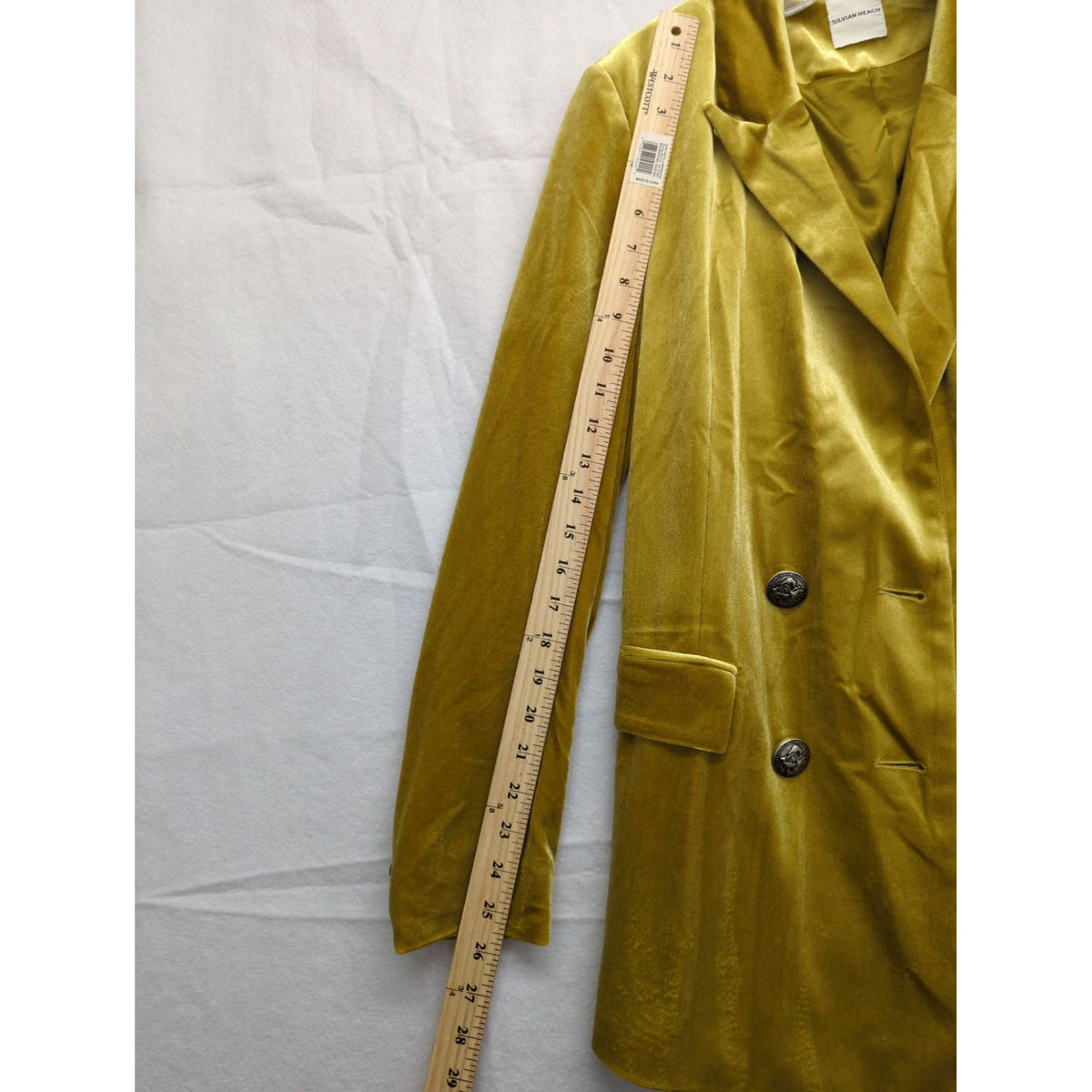 Silvian Heach Mustard Yellow Velvet Double-Breasted Blazer Longline Button Cuffs Womens Size S.