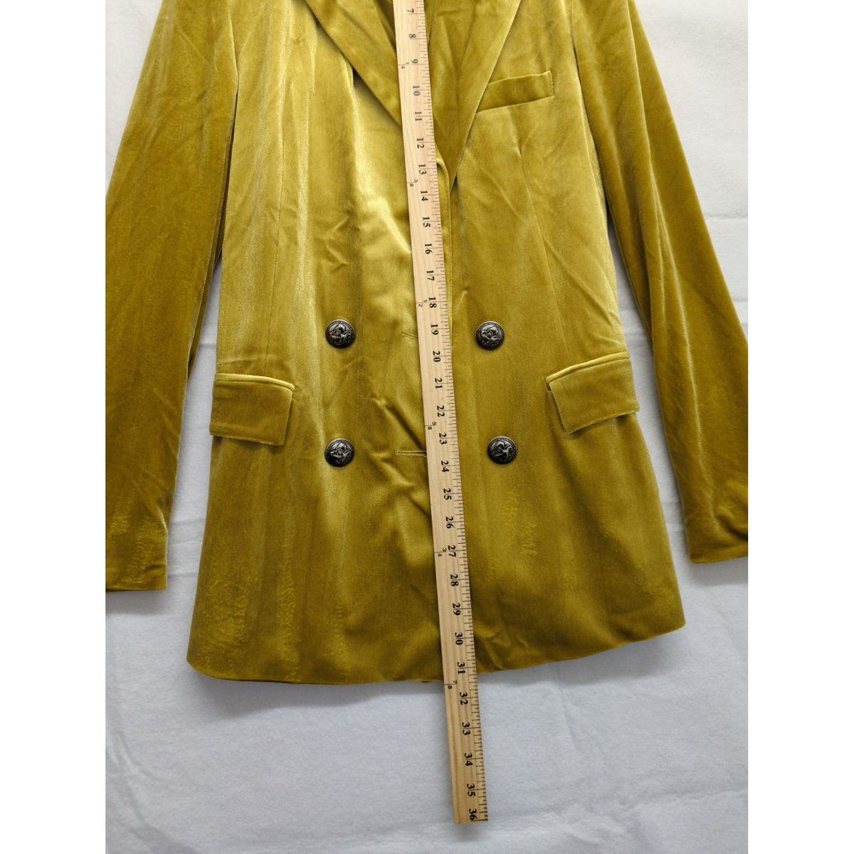 Silvian Heach Mustard Yellow Velvet Double-Breasted Blazer Longline Button Cuffs Womens Size S.
