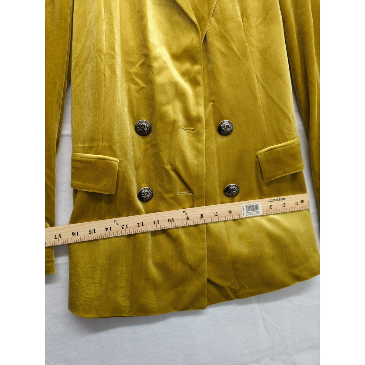 Silvian Heach Mustard Yellow Velvet Double-Breasted Blazer Longline Button Cuffs Womens Size S.