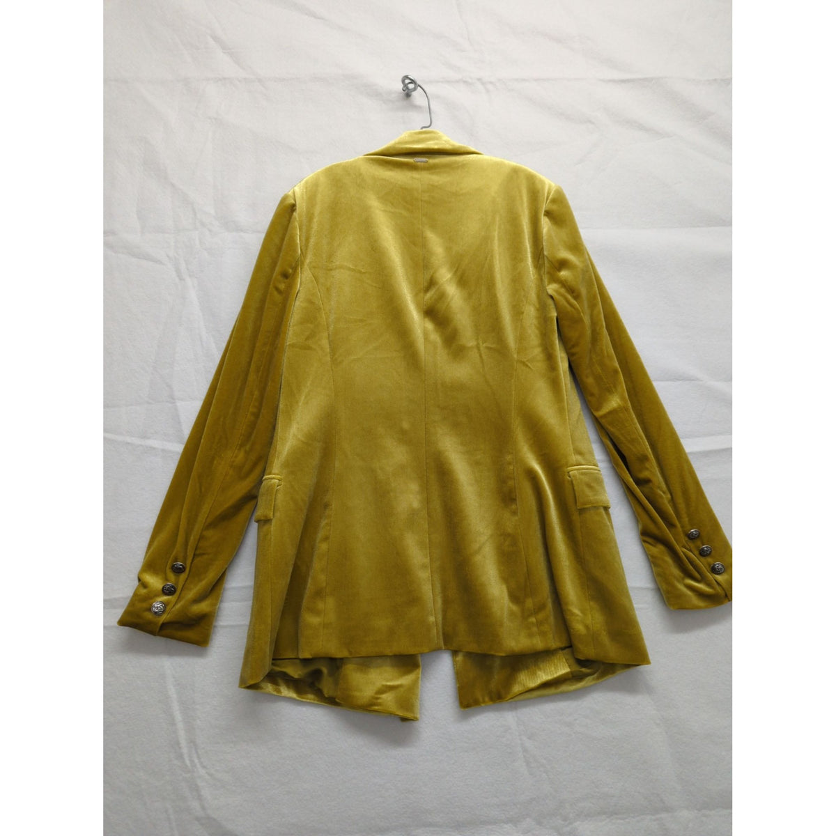 Silvian Heach Mustard Yellow Velvet Double-Breasted Blazer Longline Button Cuffs Womens Size S.