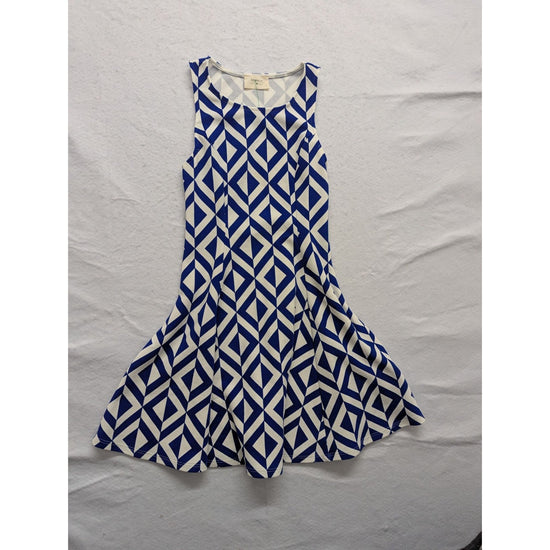 Everly Womens Geometric Blue & White Sleeveless Fit & Flare Dress