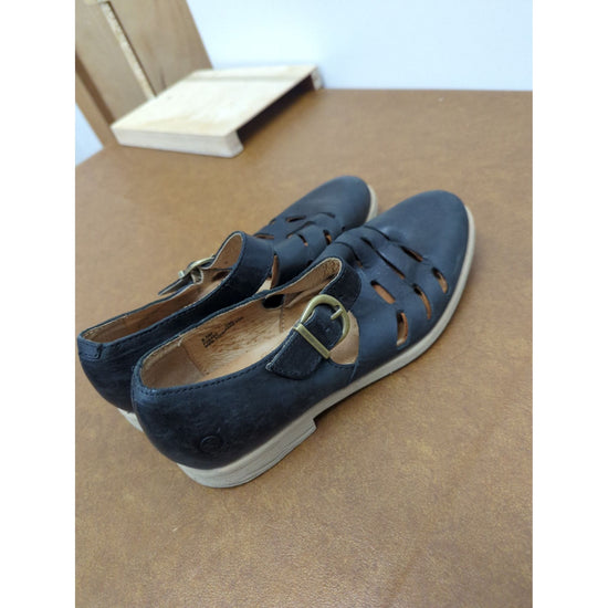 Black Leather Mary Jane Flats With Cutout Design & Buckle Closure