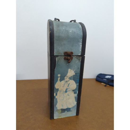 Vintage Wooden Wine Bottle Box With Chef Illustration & Hinged Lid 13 x 4 Inches Rustic Decor