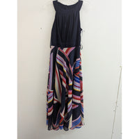 Roz & Ali Navy Sleeveless Dress With Multicolor Striped Skirt Size 4 Lightweight