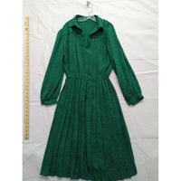 Vintage Green Long-Sleeve Midi Dress By Marinette With Pleated Skirt & Abstract Pattern Made In USA