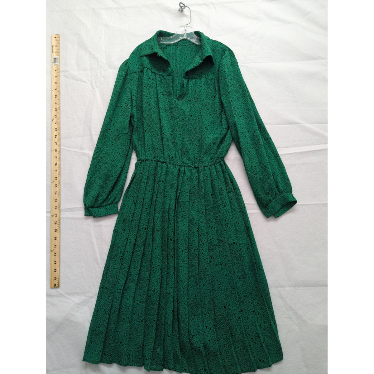 Vintage Green Long-Sleeve Midi Dress By Marinette With Pleated Skirt & Abstract Pattern Made In USA