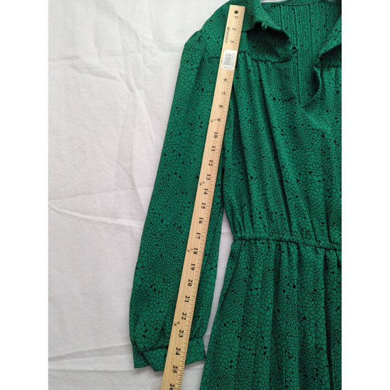 Vintage Green Long-Sleeve Midi Dress By Marinette With Pleated Skirt & Abstract Pattern Made In USA