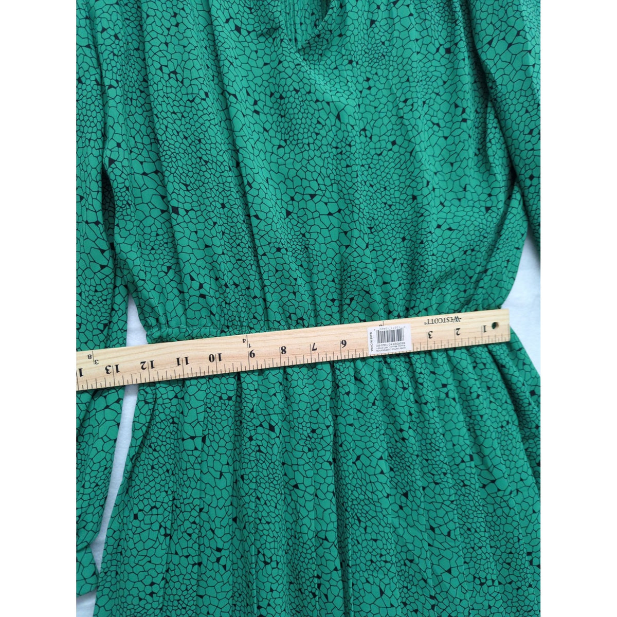 Vintage Green Long-Sleeve Midi Dress By Marinette With Pleated Skirt & Abstract Pattern Made In USA