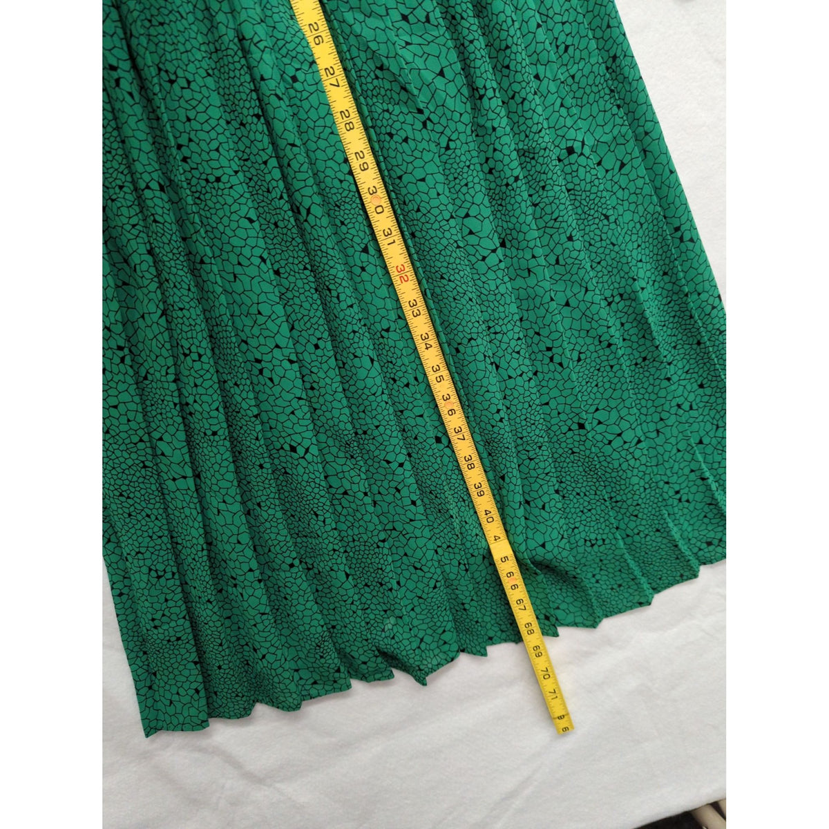 Vintage Green Long-Sleeve Midi Dress By Marinette With Pleated Skirt & Abstract Pattern Made In USA