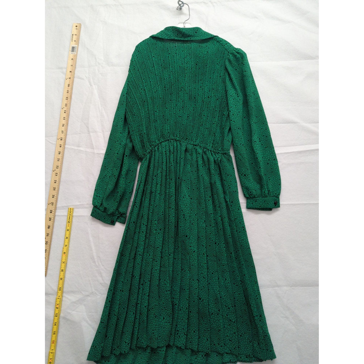 Vintage Green Long-Sleeve Midi Dress By Marinette With Pleated Skirt & Abstract Pattern Made In USA