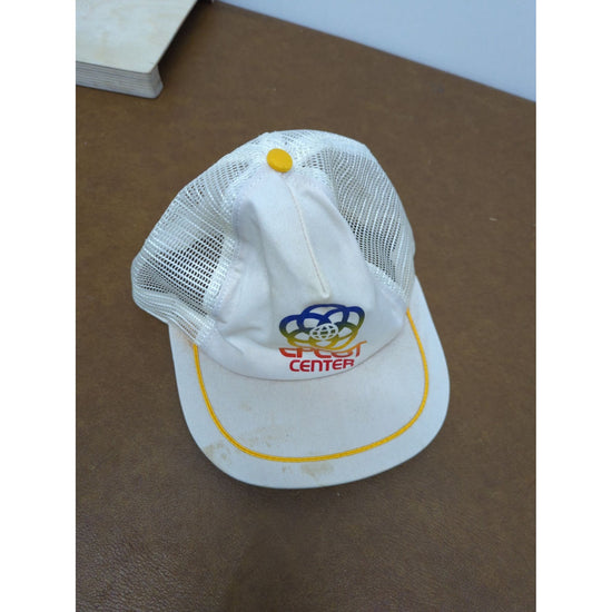 Vintage White Epcot Center Mesh Trucker Hat With Logo & Yellow Trim Adjustable Snapback Design