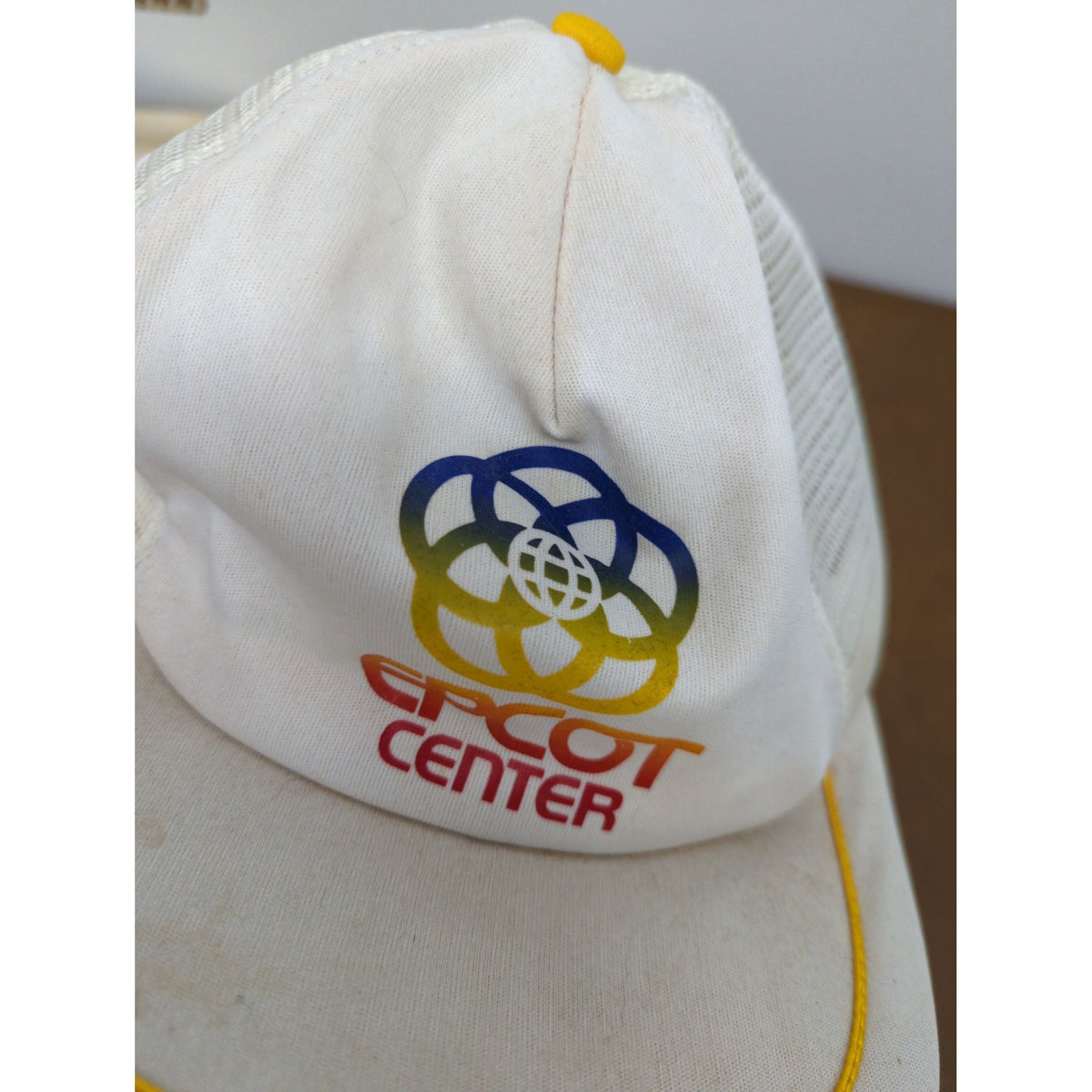 Vintage White Epcot Center Mesh Trucker Hat With Logo & Yellow Trim Adjustable Snapback Design