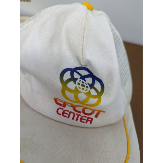 Vintage White Epcot Center Mesh Trucker Hat With Logo & Yellow Trim Adjustable Snapback Design