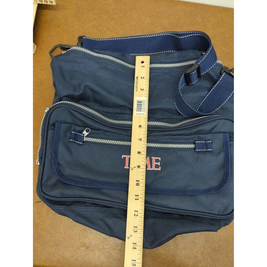 Time Navy Blue Crossbody Bag With Adjustable Strap & Multiple Zipper Compartments 15" X 14"