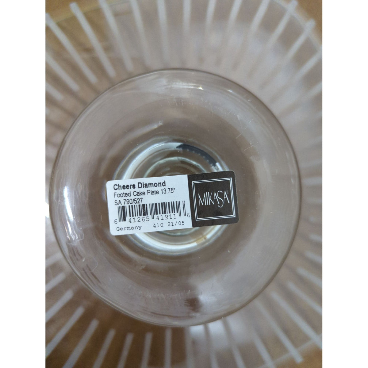 Mikasa Cheers Diamond Footed Glass Cake Plate 13.75" With Etched Lines Germany