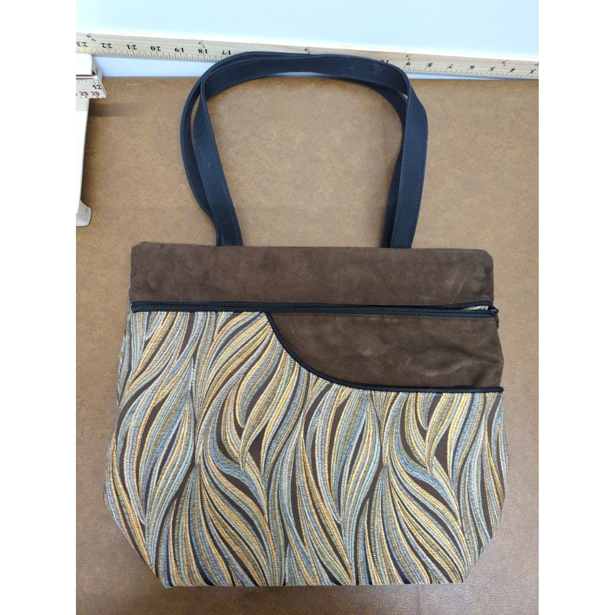 Handmade Brown & Multicolor Tote Bag With Wavy Pattern & Black Straps