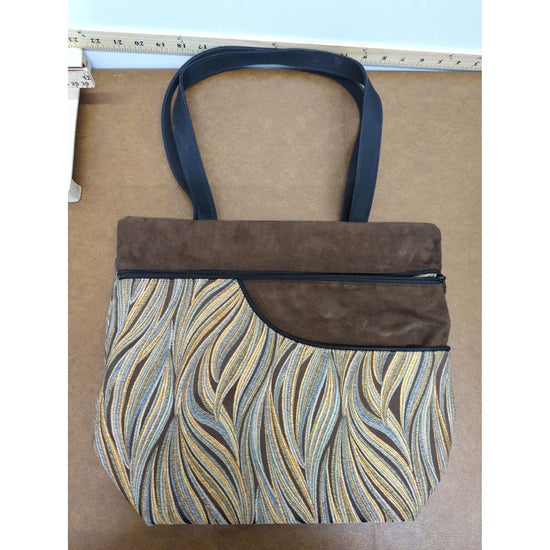 Handmade Brown & Multicolor Tote Bag With Wavy Pattern & Black Straps