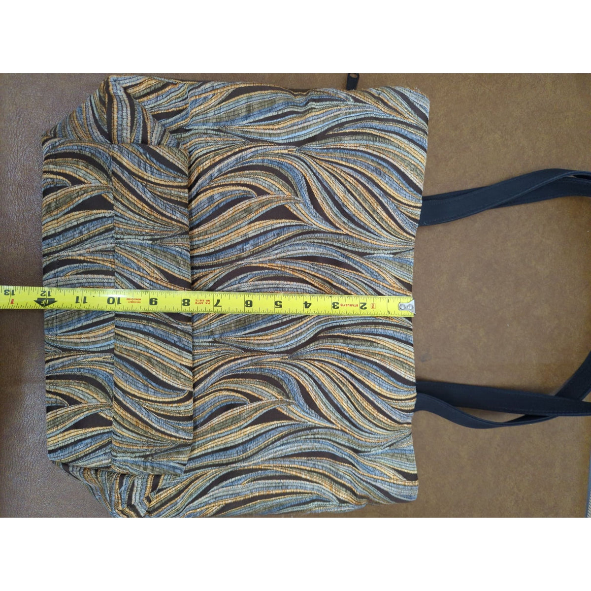 Handmade Brown & Multicolor Tote Bag With Wavy Pattern & Black Straps