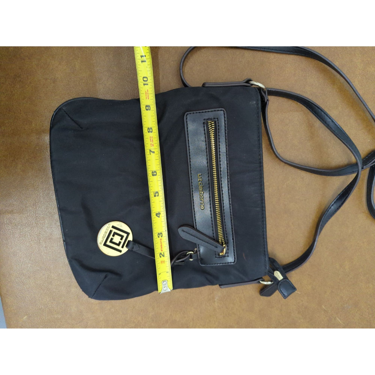 Liz Claiborne Black Nylon Crossbody Bag With Gold Accents Adjustable Strap And Zippered Compartments 10"x10"