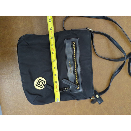 Liz Claiborne Black Nylon Crossbody Bag With Gold Accents Adjustable Strap And Zippered Compartments 10"x10"
