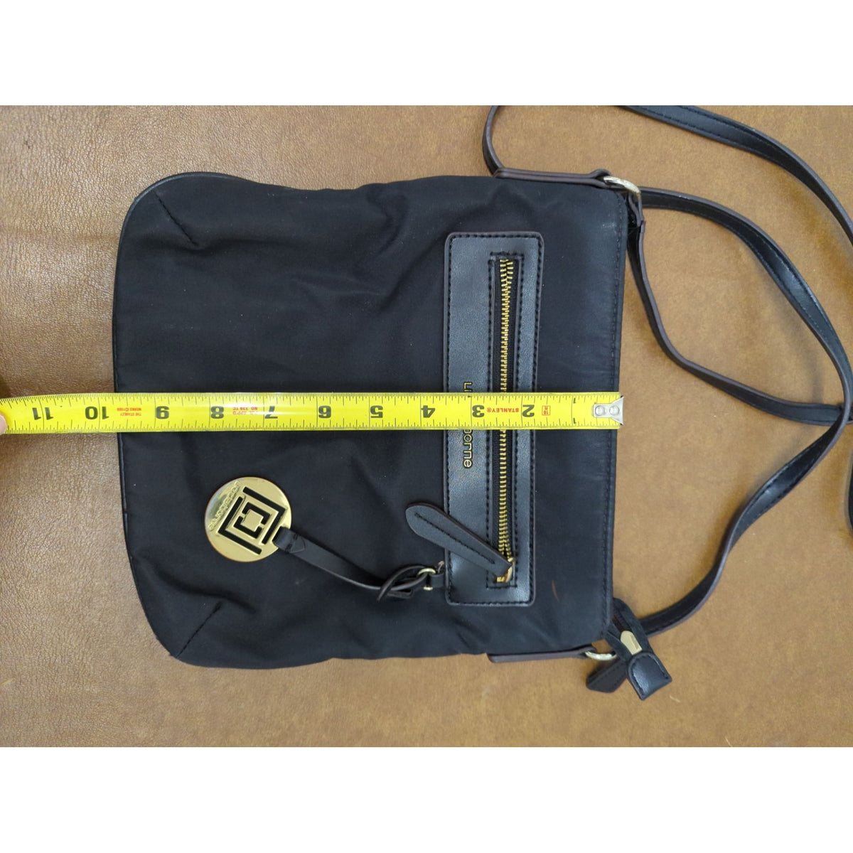 Liz Claiborne Black Nylon Crossbody Bag With Gold Accents Adjustable Strap And Zippered Compartments 10"x10"