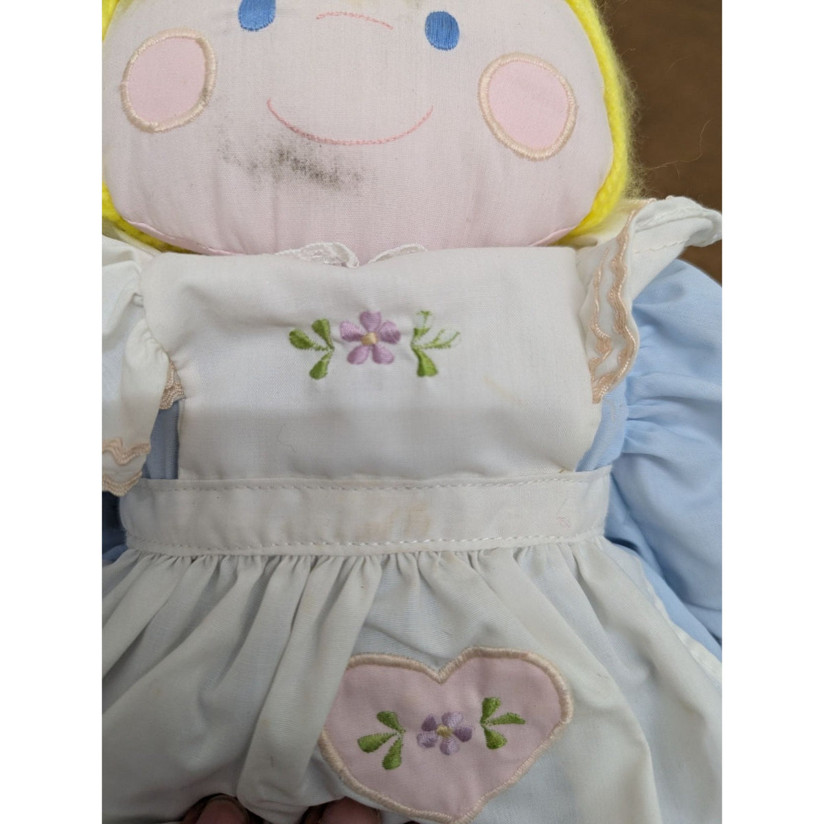 Vintage House Of Haten Blue & White Embroidered Flower Doll With Yellow Yarn Hai