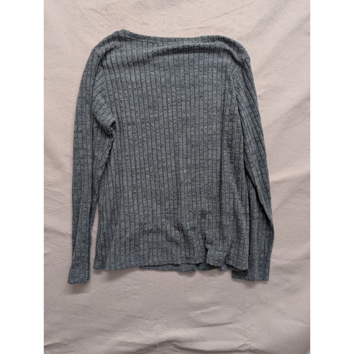 Funlingo L Blue Ribbed Button-Front Long Sleeve Sweater