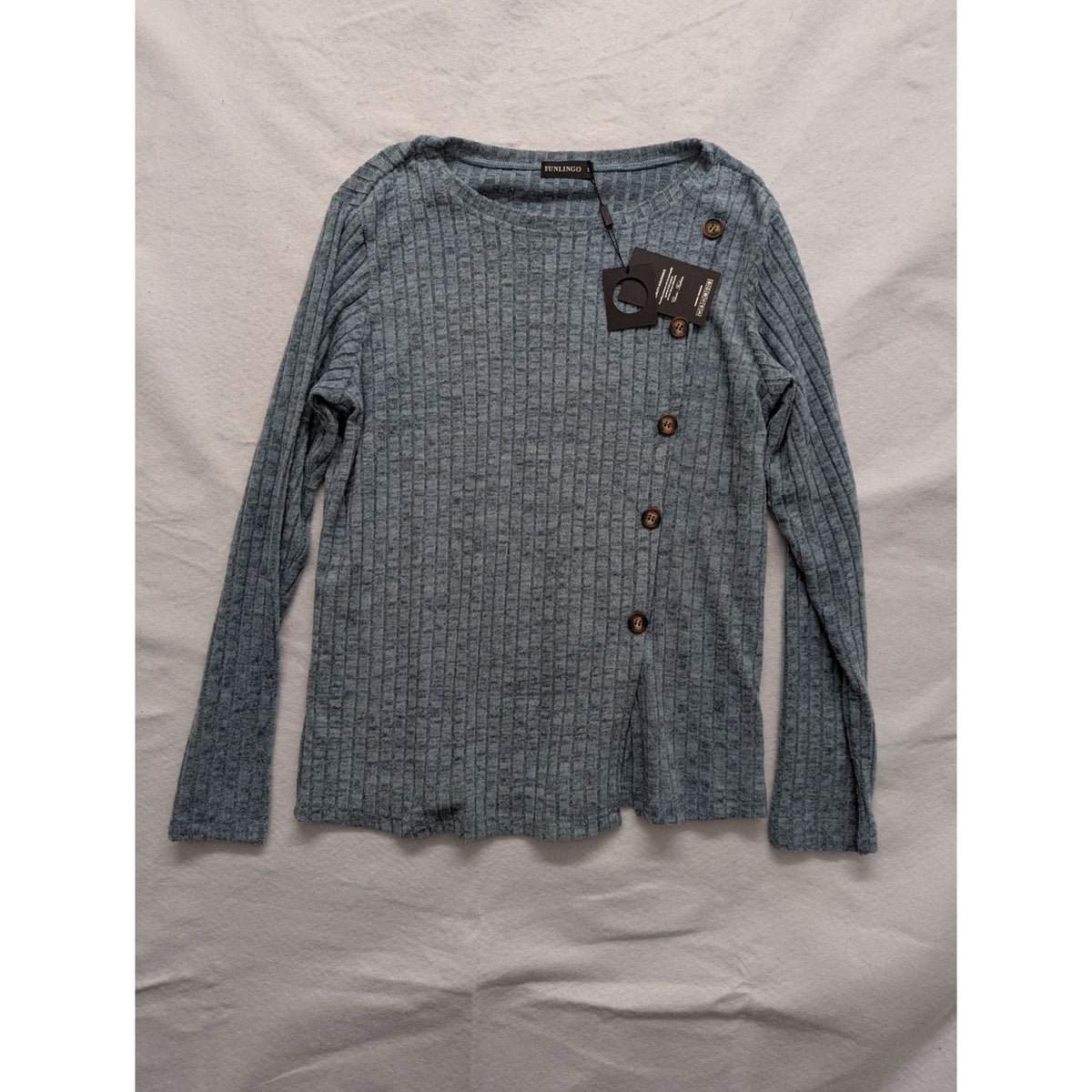 Funlingo L Blue Ribbed Button-Front Long Sleeve Sweater