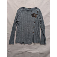Funlingo L Blue Ribbed Button-Front Long Sleeve Sweater