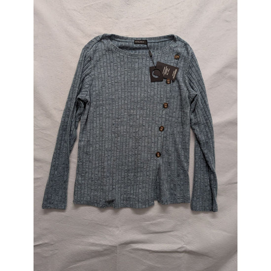 Funlingo L Blue Ribbed Button-Front Long Sleeve Sweater