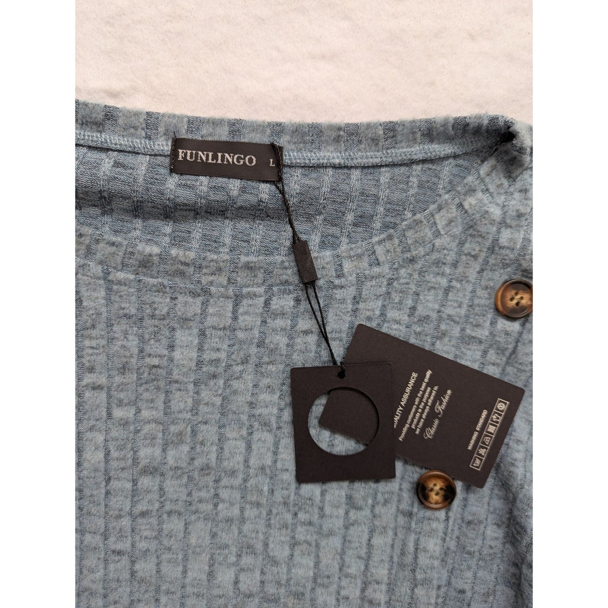 Funlingo L Blue Ribbed Button-Front Long Sleeve Sweater
