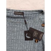 Funlingo L Blue Ribbed Button-Front Long Sleeve Sweater