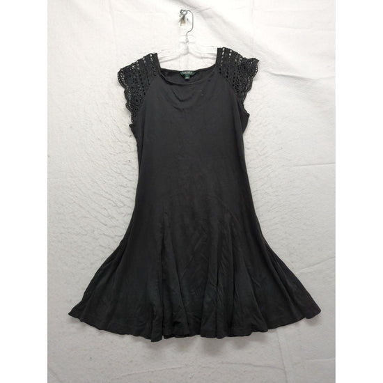 Lauren Ralph Lauren Black Dress With Crochet Cap Sleeves Size XL Flowy Panel Design Made In Jordan