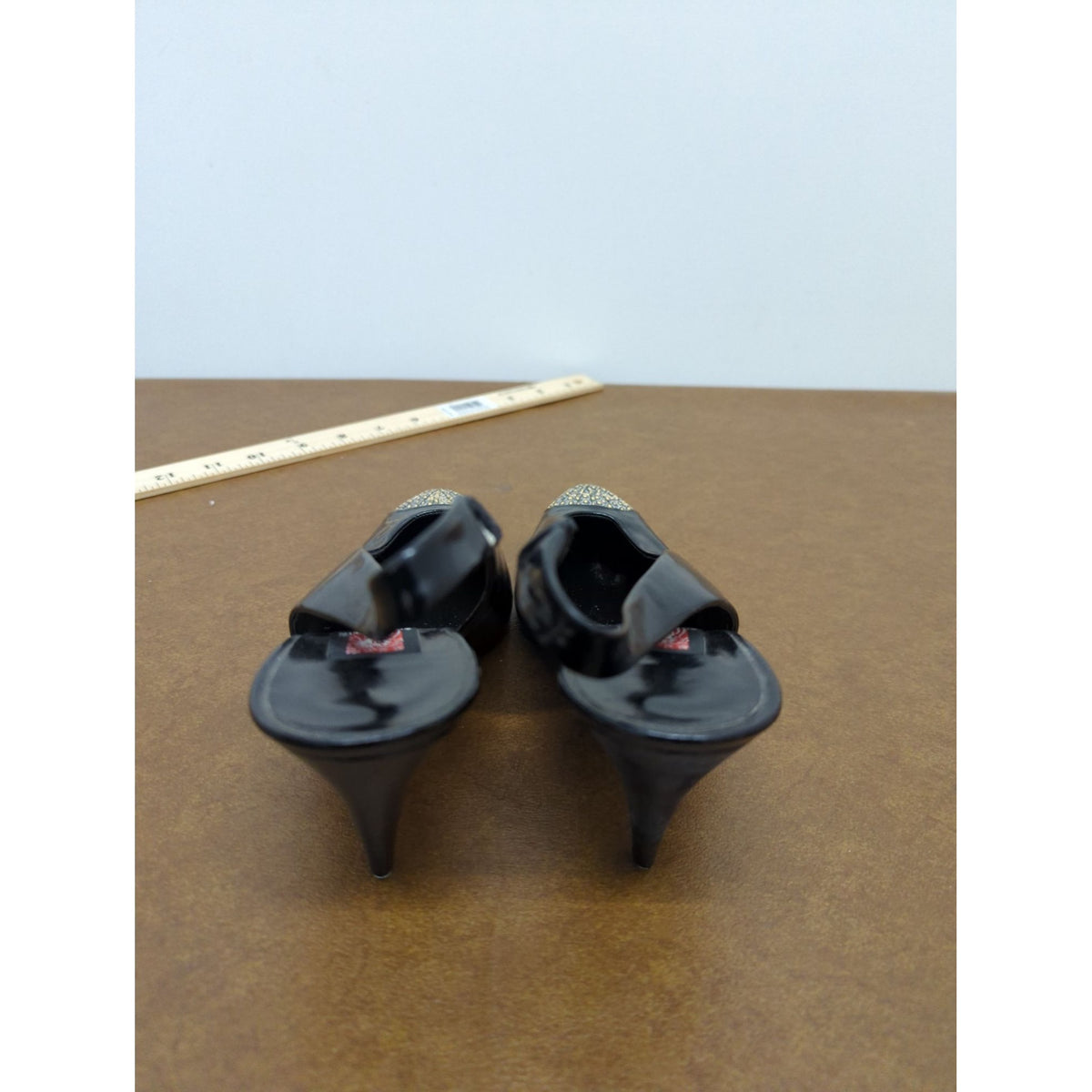 Anne Klein Black Slingback Heels With Embellished Toes Size 8 Patent Leather Pointed Toe 3-Inch Heel