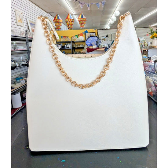 White Tote Bag With Gold Chain Handles AOTA Zip Closure Faux Leather