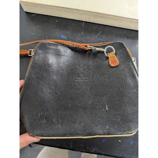 Vintage Vera Pelle Black & Brown Leather Wristlet With Zipper Closure & Back Pocket Made In Italy