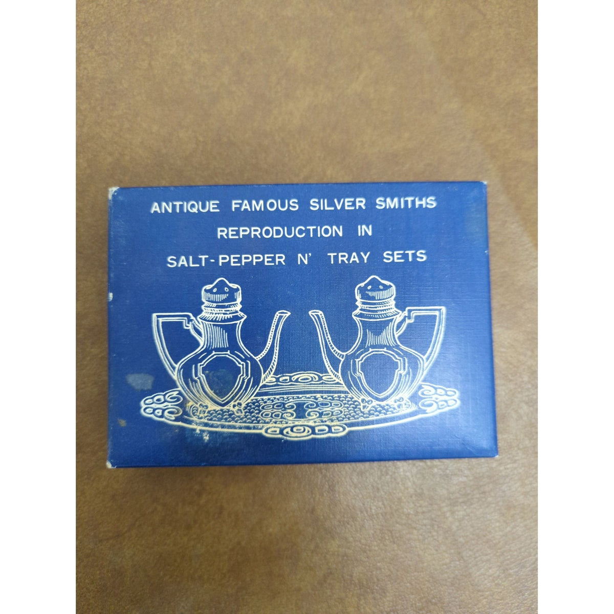 Antique Silver Salt & Pepper Shaker Set With Tray Reproduction Style In Original Box