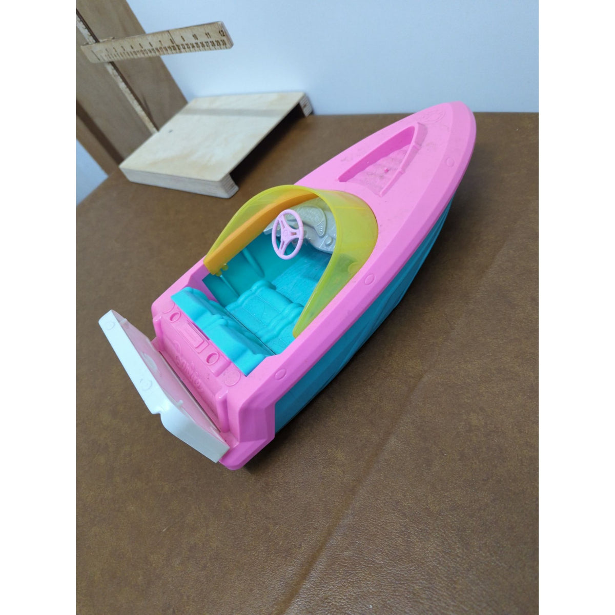 Barbie Pink & Blue Plastic Toy Speedboat With Yellow Windshield - 10” Long - Vintage Playset Accessory