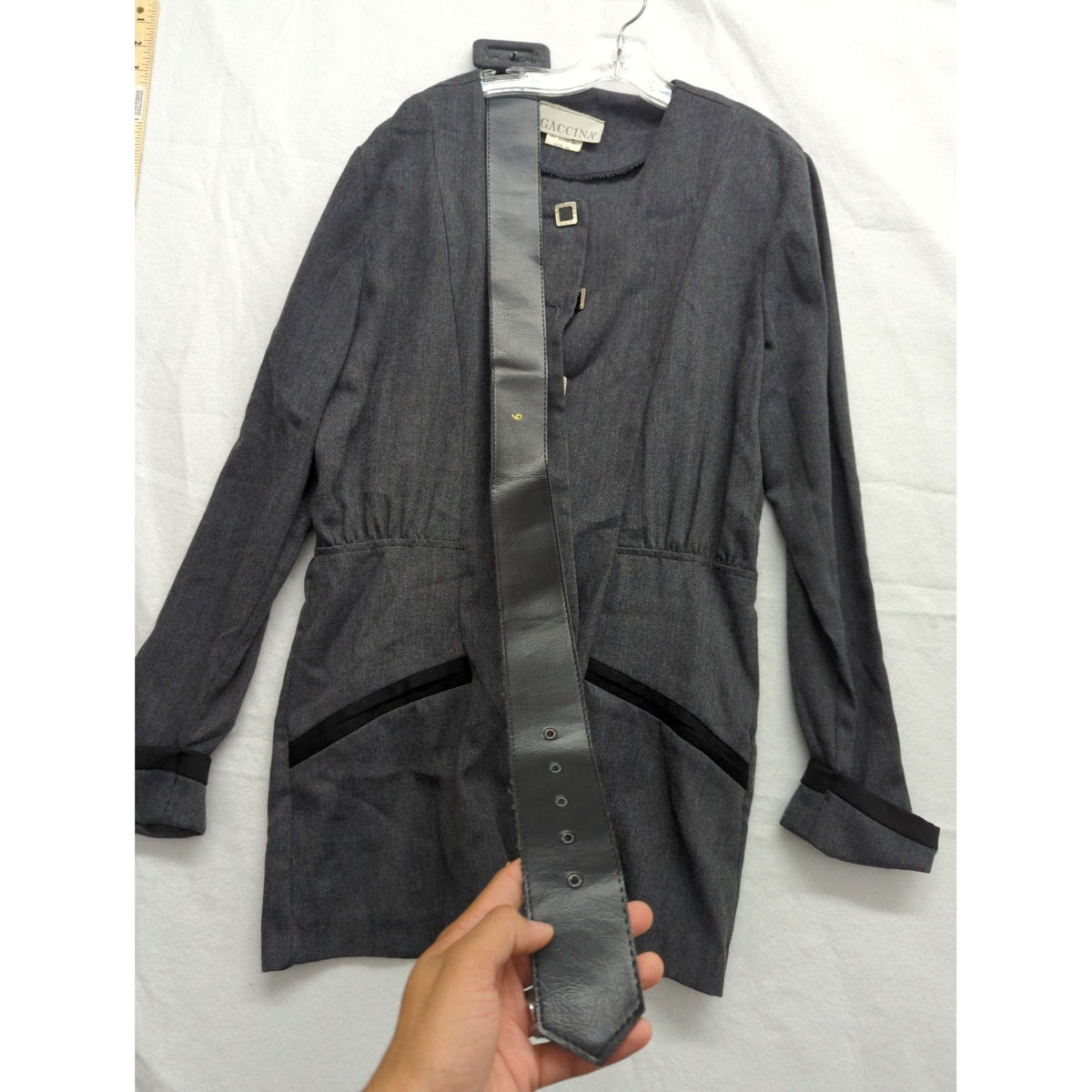 Gaccina Womens Gray Long Sleeve Jacket With Black Leather Trim Size 6