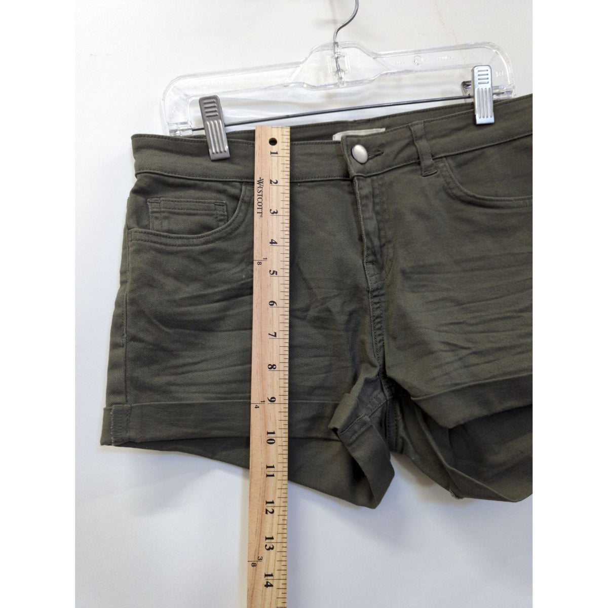 Olive Green Womens Cuffed Casual Shorts With Back Pockets Approx. 11" Length Cotton Blend