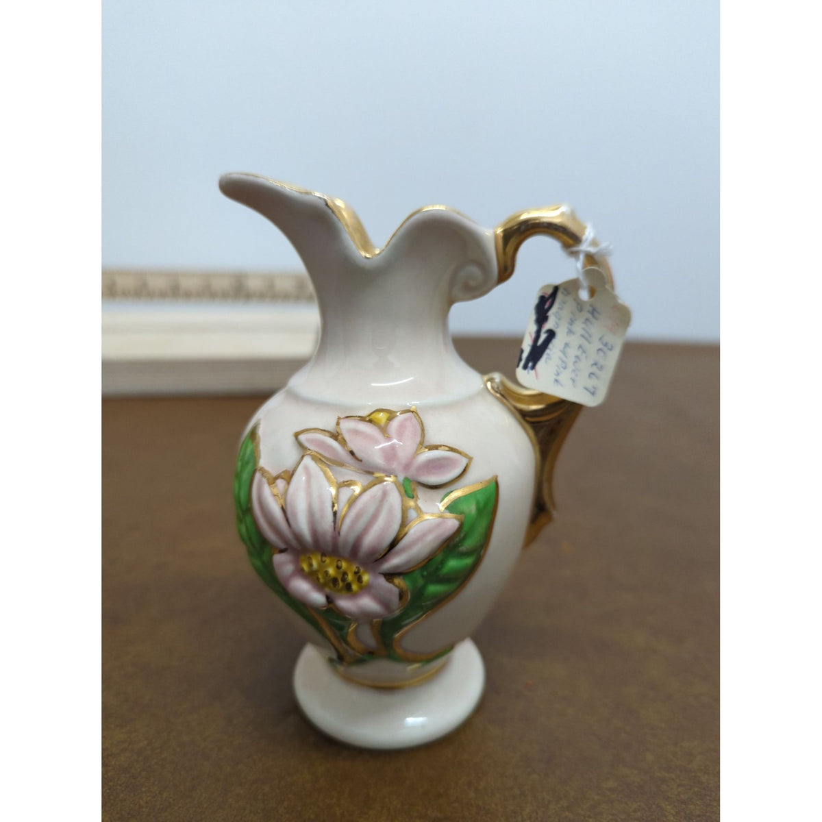 Vintage Hull Art Pottery Ewer Vase With Pink Floral Design & Gold Accents 4.5 Inches Tall