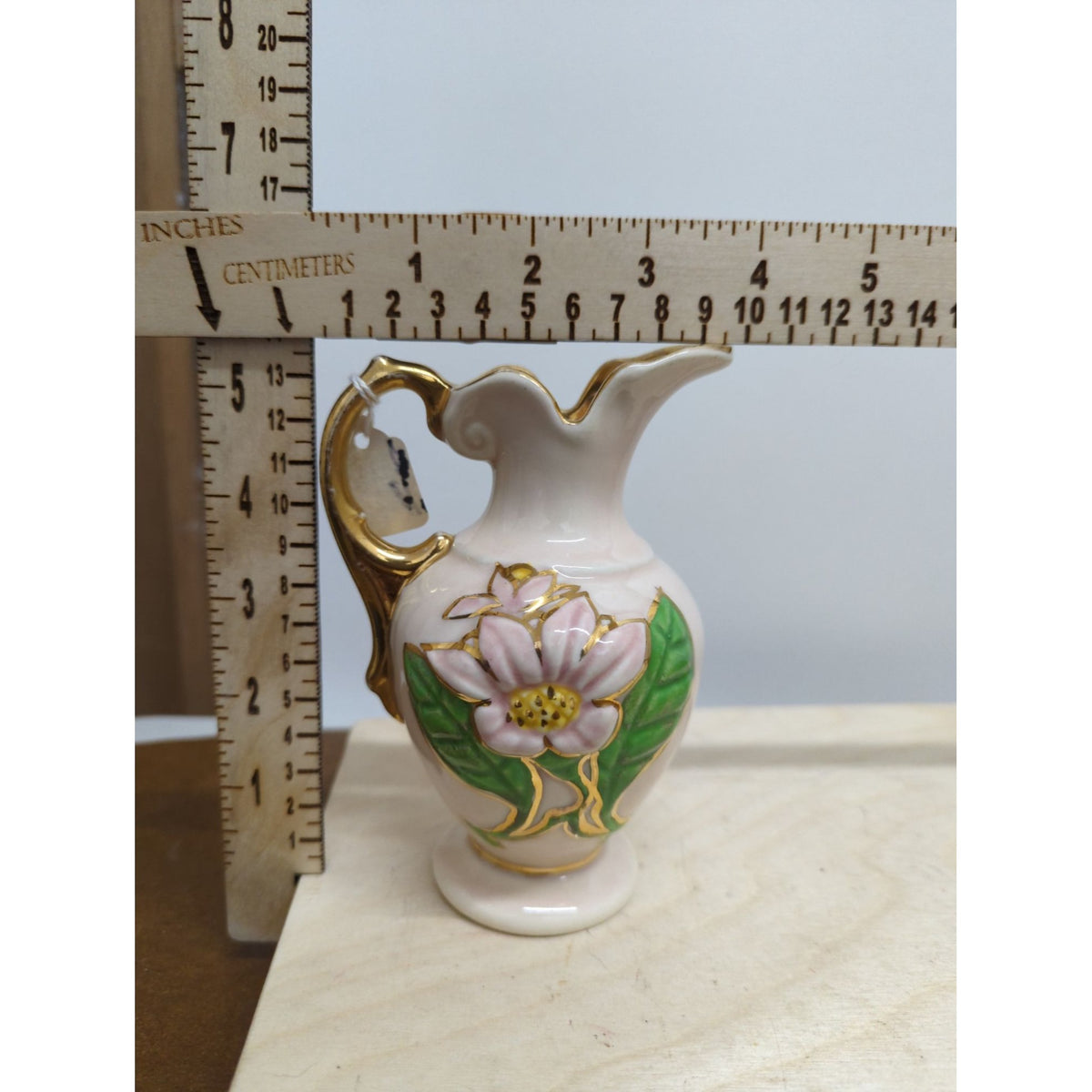 Vintage Hull Art Pottery Ewer Vase With Pink Floral Design & Gold Accents 4.5 Inches Tall