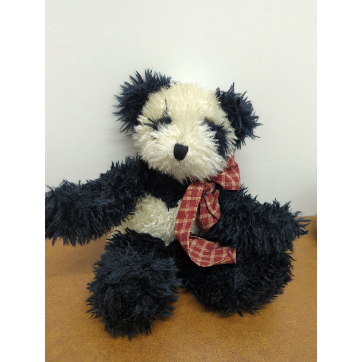 Handmade Black & White Panda Plush Teddy Bear With Red Plaid Bow 12 Inches