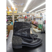 Black Leather Ankle Boots With Rhinestone Accents & Zipper Closure
