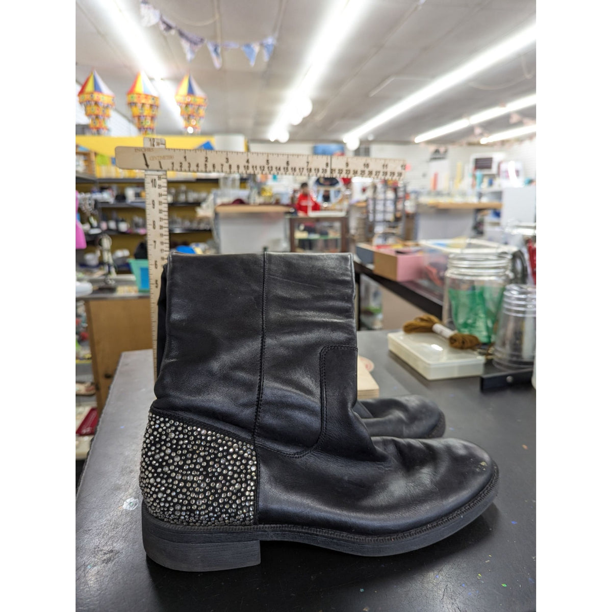 Black Leather Ankle Boots With Rhinestone Accents & Zipper Closure