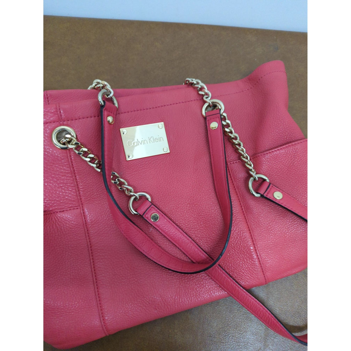 Calvin Klein Pink Leather Tote Bag With Gold Chain Straps 13" X 10" Spacious Interior