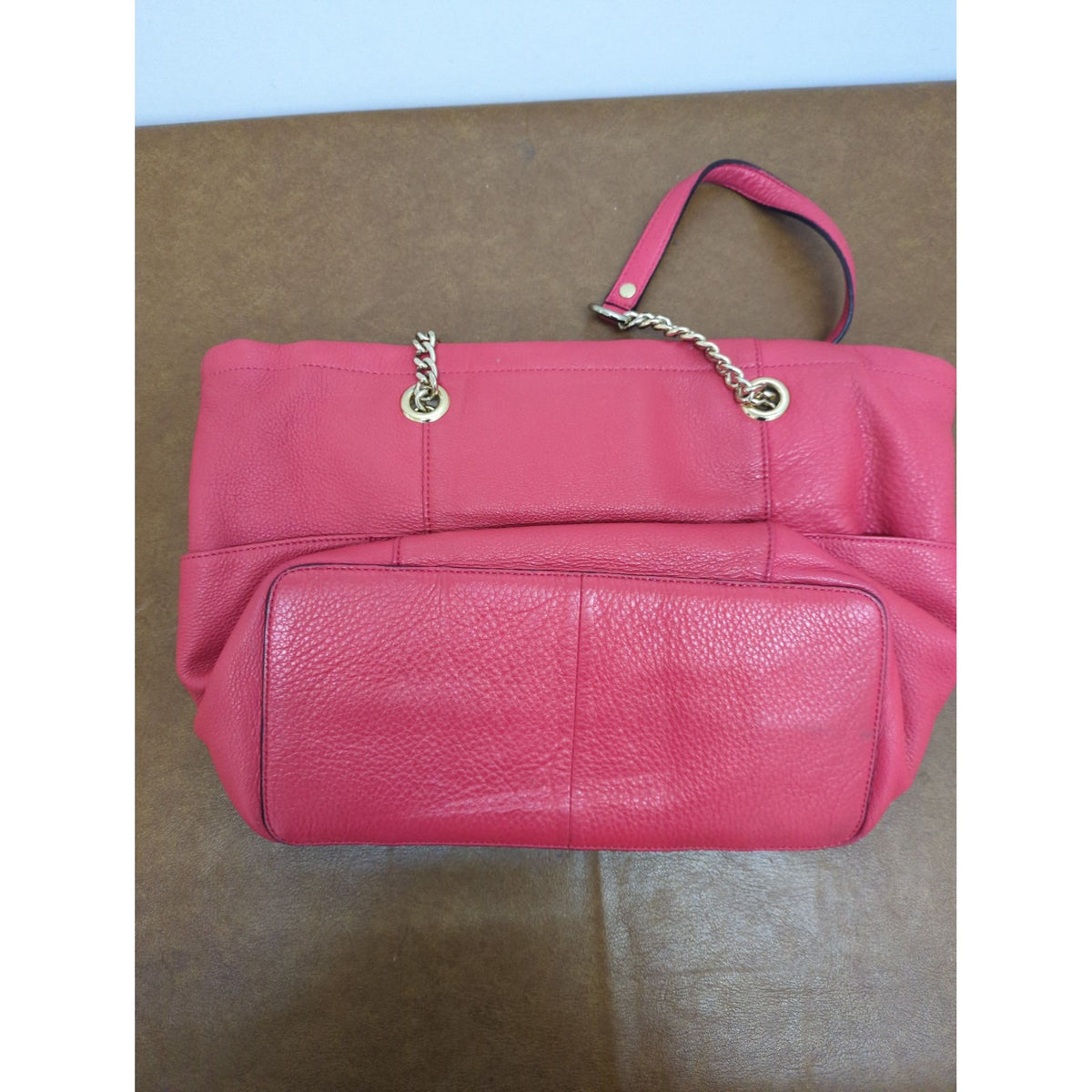 Calvin Klein Pink Leather Tote Bag With Gold Chain Straps 13" X 10" Spacious Interior