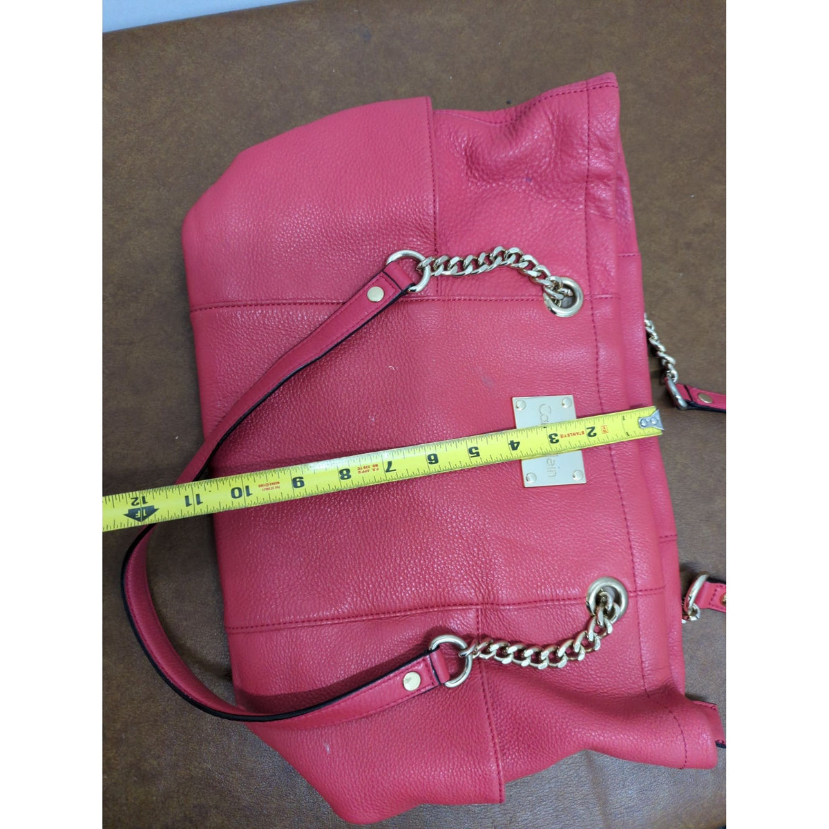 Calvin Klein Pink Leather Tote Bag With Gold Chain Straps 13" X 10" Spacious Interior